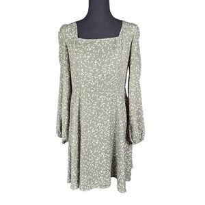 SHEIN Green Leaf Print Square Neck Long Sleeve A‑Line Mini Dress (L)
